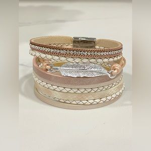 2/$25 NEW Beige Women vegan leather leaf braid rhinestone bangle bracelet Boho